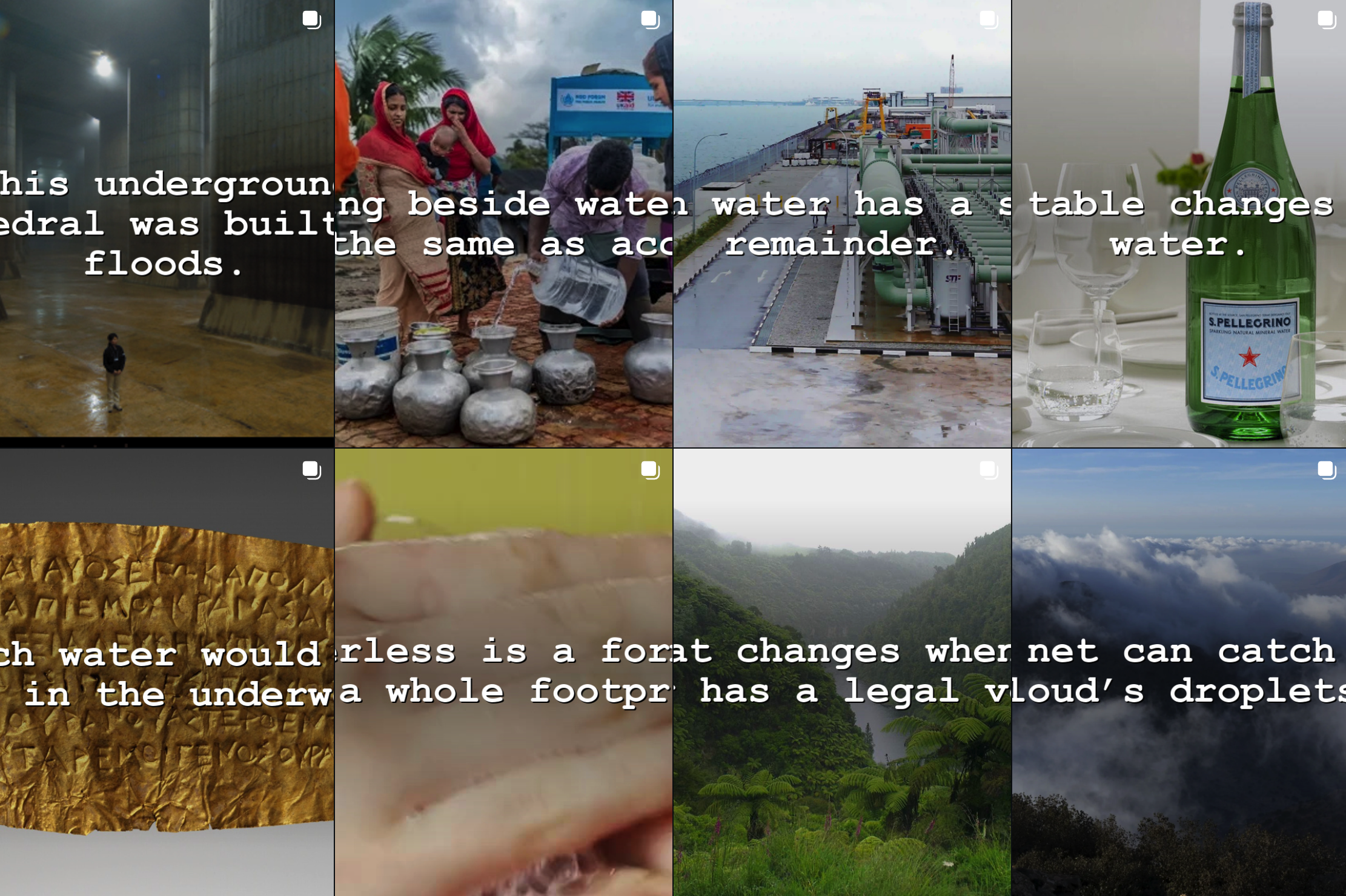 Eight Silent Yonder post covers featuring an underground flood chamber, people collecting water, an industrial waterfront, mineral water, an ancient tablet, hands, a forest and clouds.